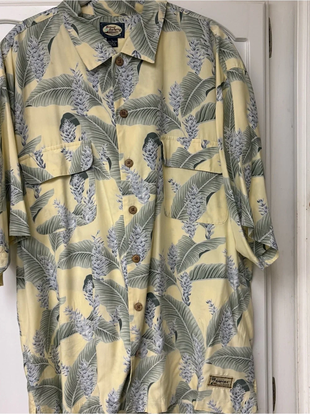 Tommy Bahama Pale Yellow Tropical Leaf Print Button-Down Shirt